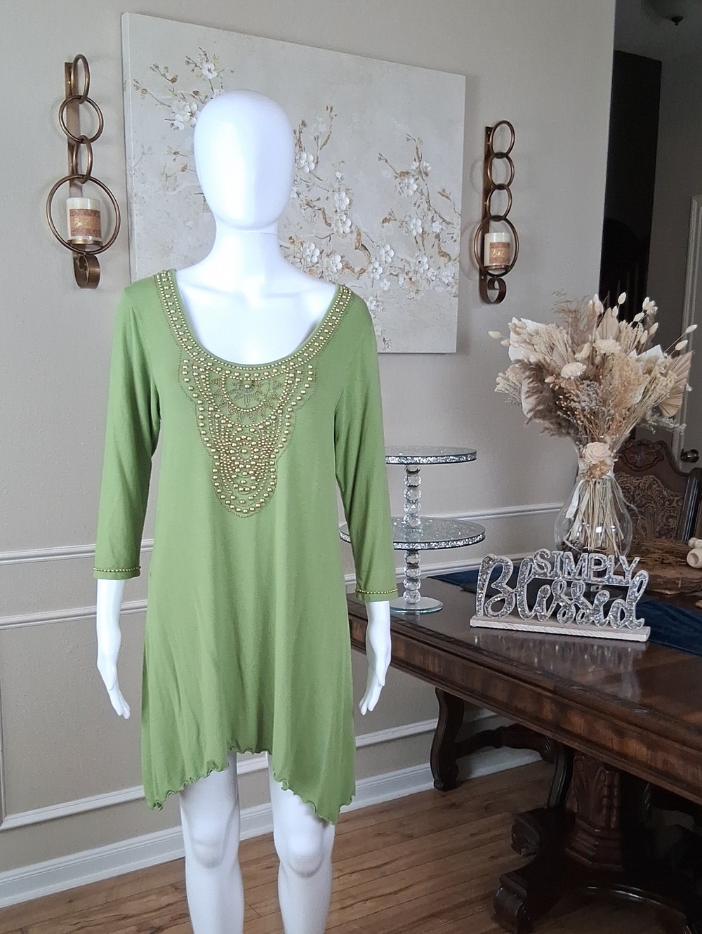 Women's Embellished Beaded Scoop Neck Tunic Summer Dress Olive Green Gold Medium - Picture 5 of 16